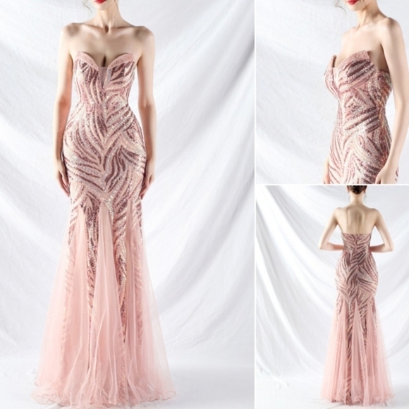 Pink, Striped Print,  Backless,  Sleeveless,  Contrast Sequined Mermaid … - Picture 4 of 16